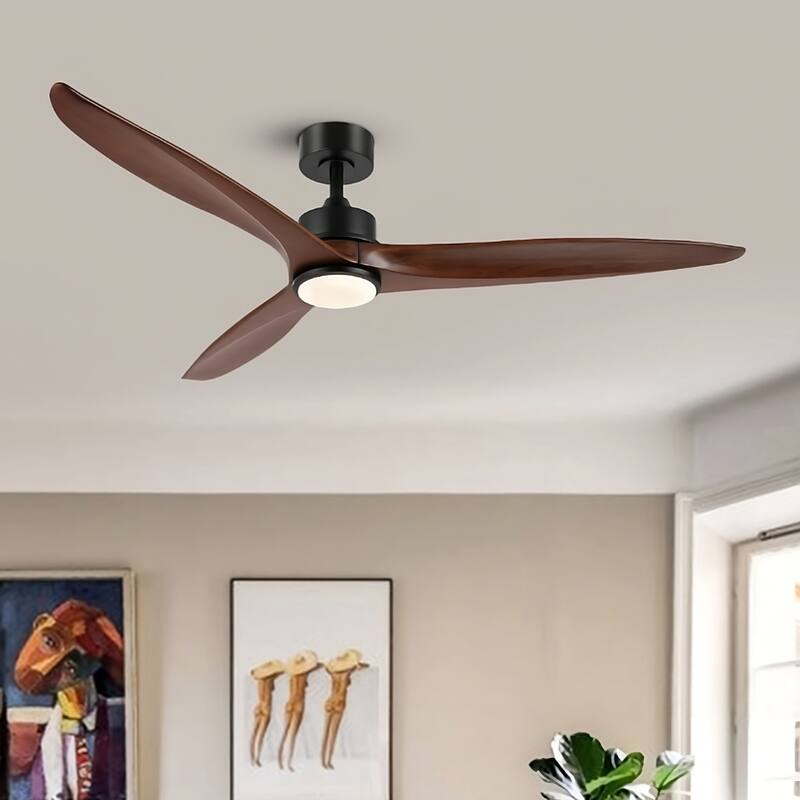 WINGBO 60 Inch DC Ceiling Fan with Lights and Remote Control, 3 Reversible Carved Wood Blades, 6-Speed Noiseless DC Motor