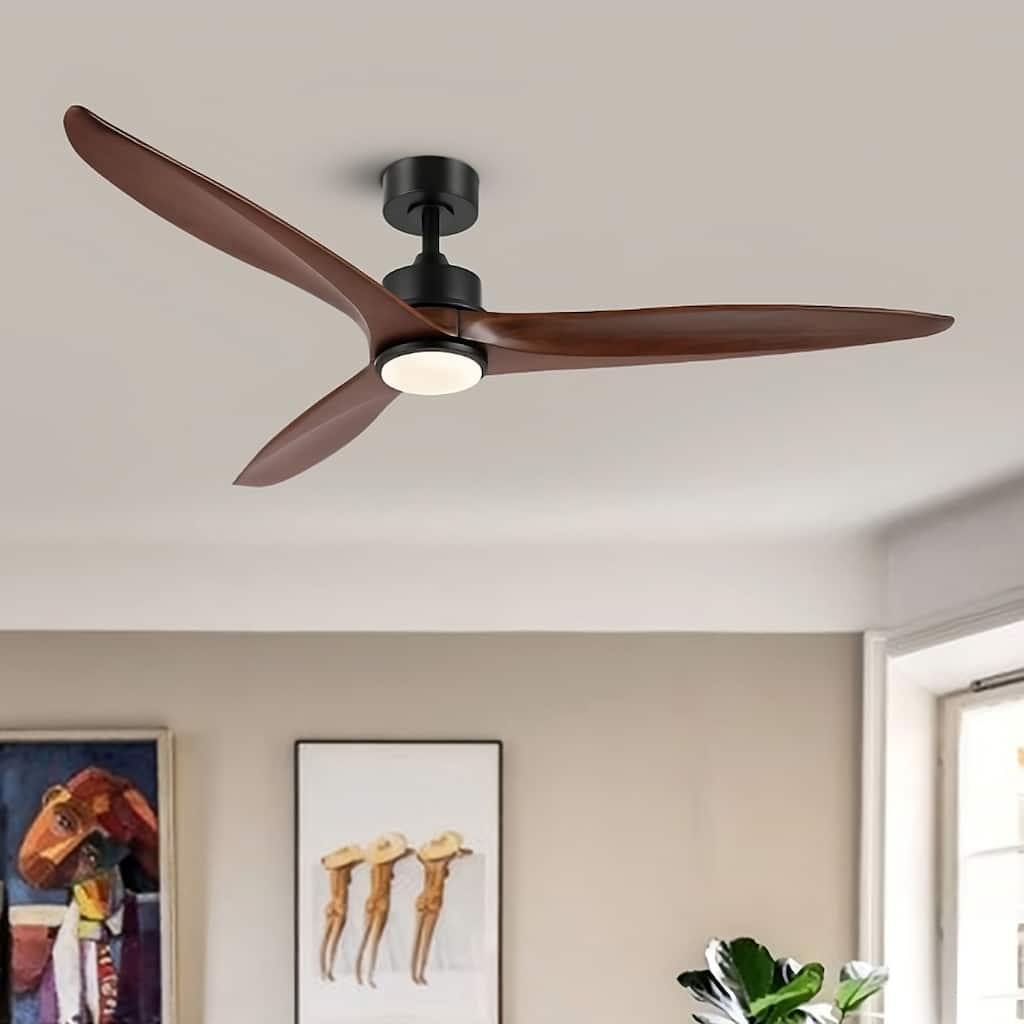 WINGBO 60 Inch DC Ceiling Fan with Lights and Remote Control, 3 Reversible Carved Wood Blades, 6-Speed Noiseless DC Motor