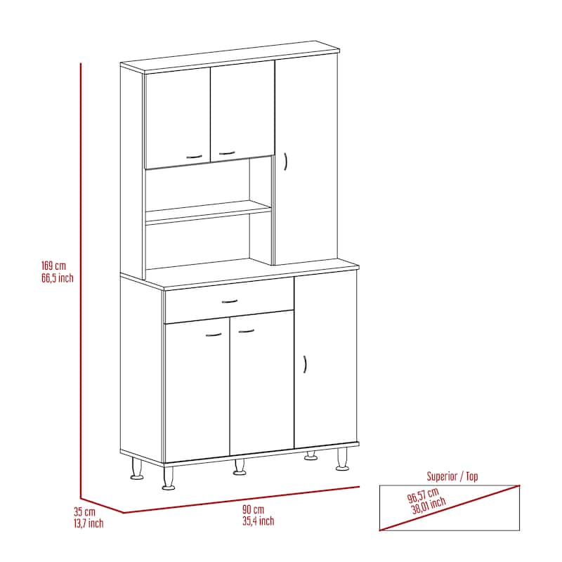 Kitchen Pantry Cabinet, Two Open Shelves, One Drawer, Multiple Cabinets