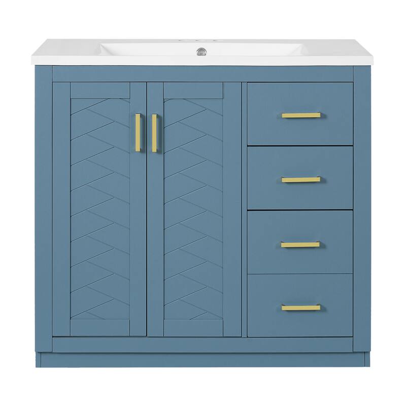 36" Bathroom Vanity with Ceramic Sink, Solid Wood Storage Cabinet, Freestanding 3-Drawer Vanity Set, Soft-Close Doors