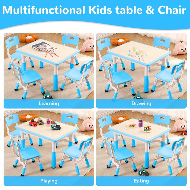 Kids Table and Chairs Set, Height Adjustable Desk With 4 Seats