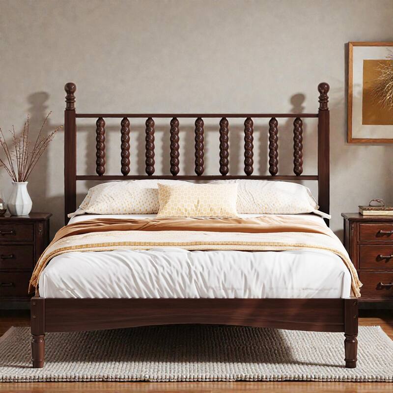 Retro Wood Platform Bed with Gourd Shaped Headboard, Wooden Slat Support, No Box Spring Needed - Walnut - Full