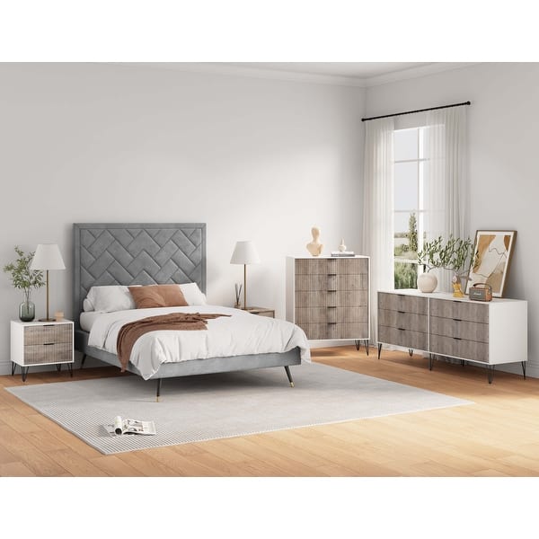 Manhattan Comfort3-Piece DUMBO Modern  5-Drawer Tall Dresser,  DUMBO Modern 6-Drawer Double Low Dresser, and DUMBO Modern Nightstand 2.0 in White