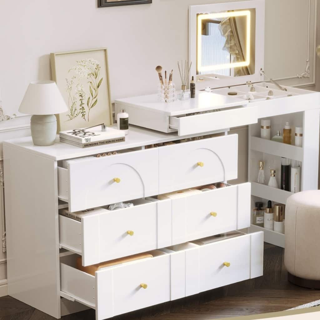 KISRAIS Vanity Desk with Mirror, Lights, and Flip-Top Tabletop