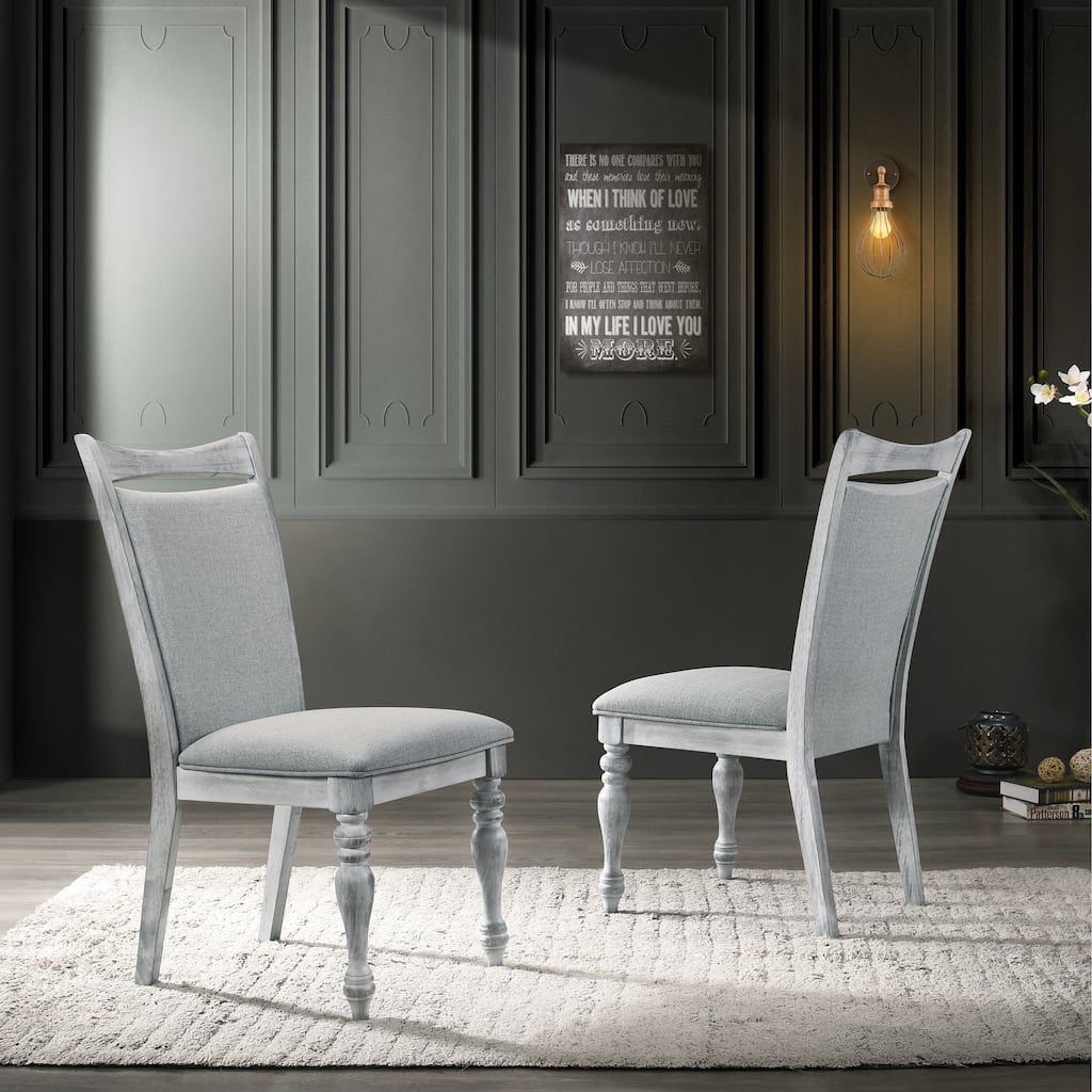 Roundhill Furniture Salines Upholstered Turned Leg Dining Chairs, Set of 2, Rustic White