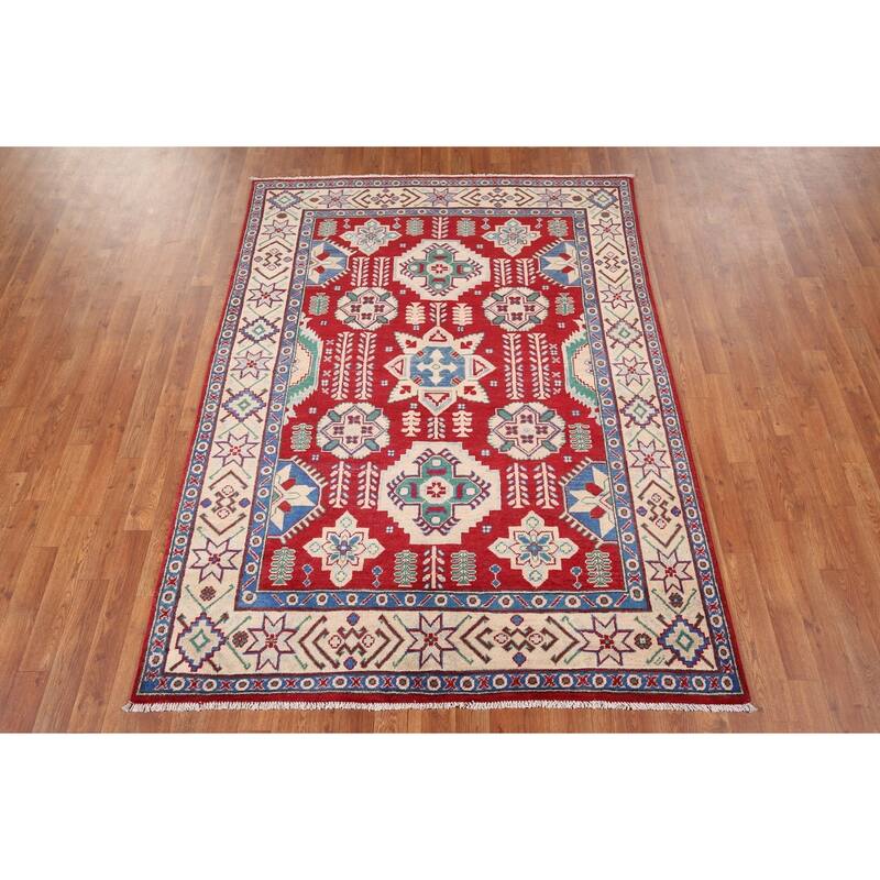 Red Kazak Oriental Area Rug Handmade Traditional Wool Carpet - 5'1" x 6'11"
