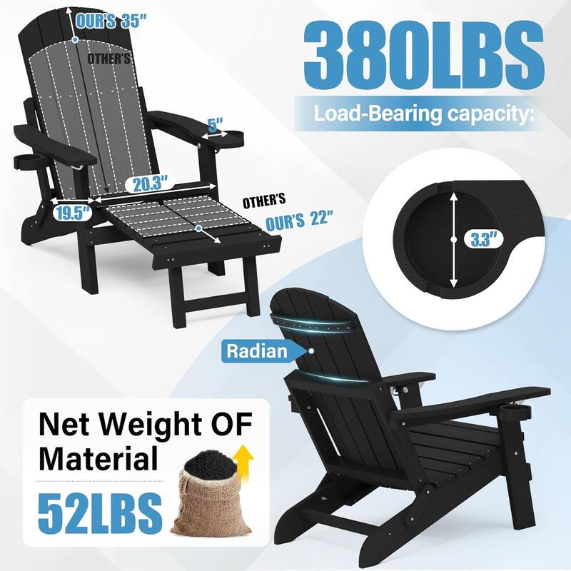 WINSOON Set of 2 All Weather HIPS Folding Adirondack Chair with Adjustable Backrest and Retractable Ottoman