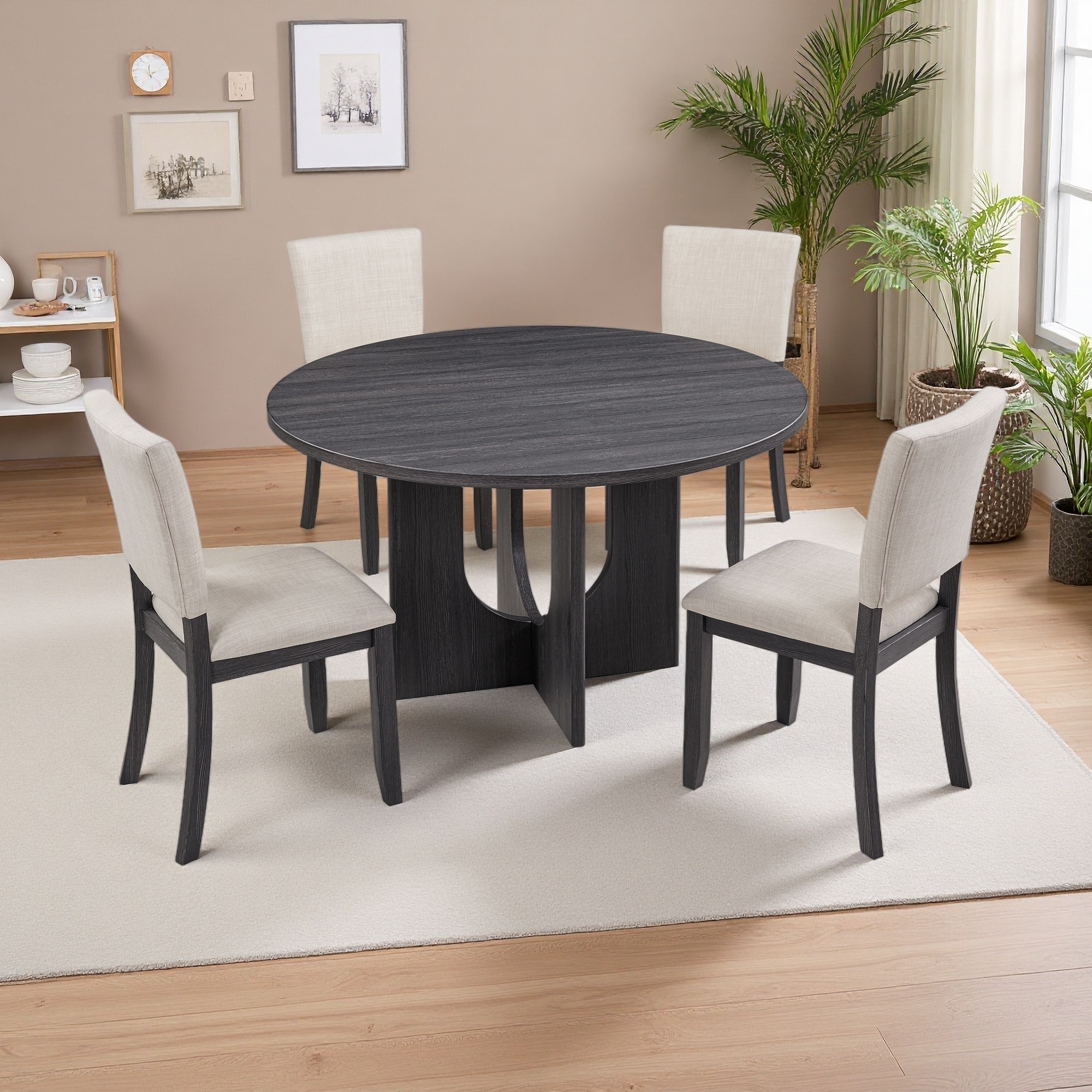 47.3" Round Wooden Dining Table Set with 4 Upholstered Chairs, Modern 5-Piece Dining Set for Kitchen and Living Room