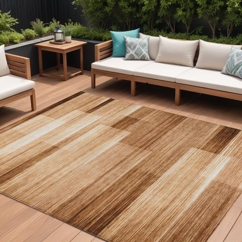 HomeRoots Striped Transitional Rectangle Outdoor Rug - 10' X 14'