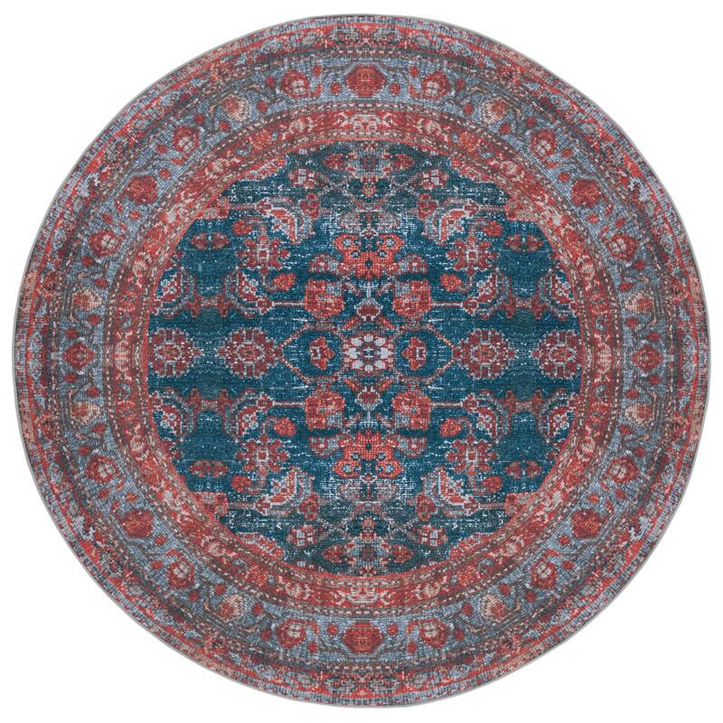 SAFAVIEH Tucson Machine Washable Slip Resistant Elmira Oriental Rug - 6' Round - Blue/Rust