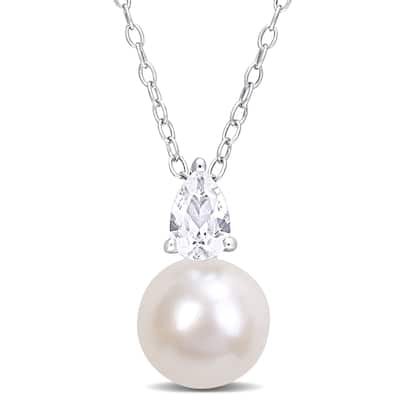 Miadora 8.5-9mm White Cultured Freshwater Pearl and 5/8ct TGW Created White Sapphire Necklace in Sterling Silver