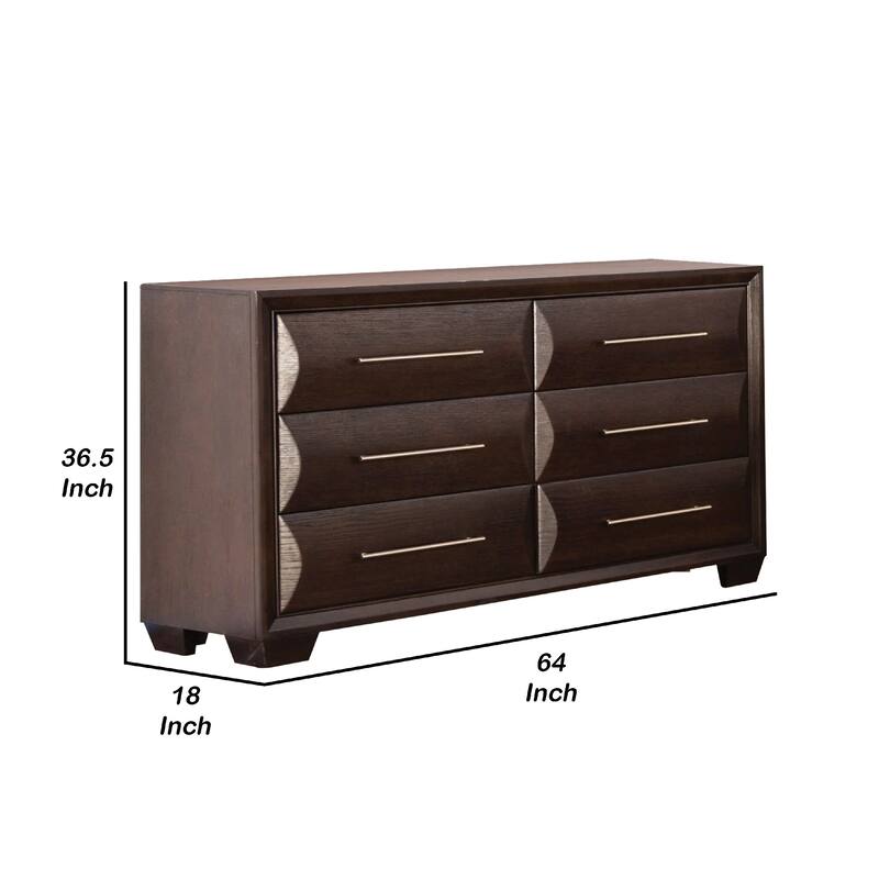 Nitz 6 Drawer Wide Dresser, Espresso Brown Solid Wood, Rose Gold Handles