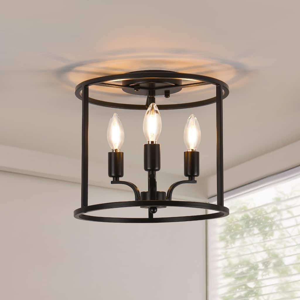 3 - Light Black Metal Flush Mount Ceiling Light, Retro Candelabra - Shaped Ceiling Fixture - Matte Black