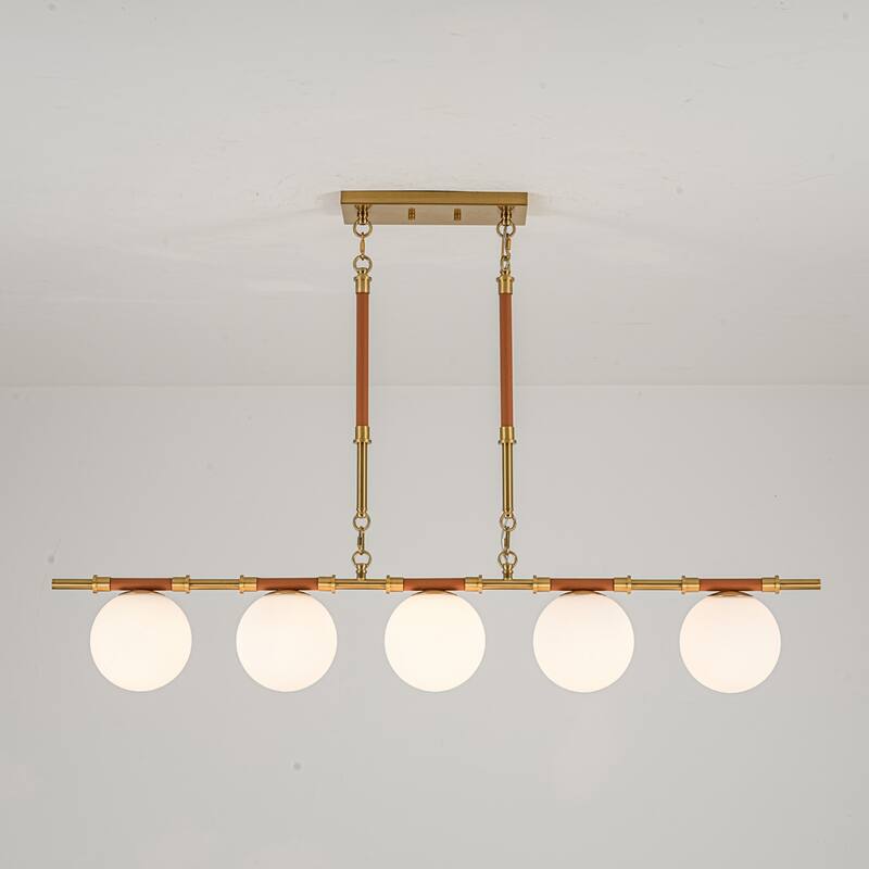 Modern French 5-Light Linear Chandelier in Brushed Brass with Textured Lychee Rods and Opal Globe Shades - Brown/Gold/White - 45.1 in. W x 33.1 in. H x 5.9 in. D