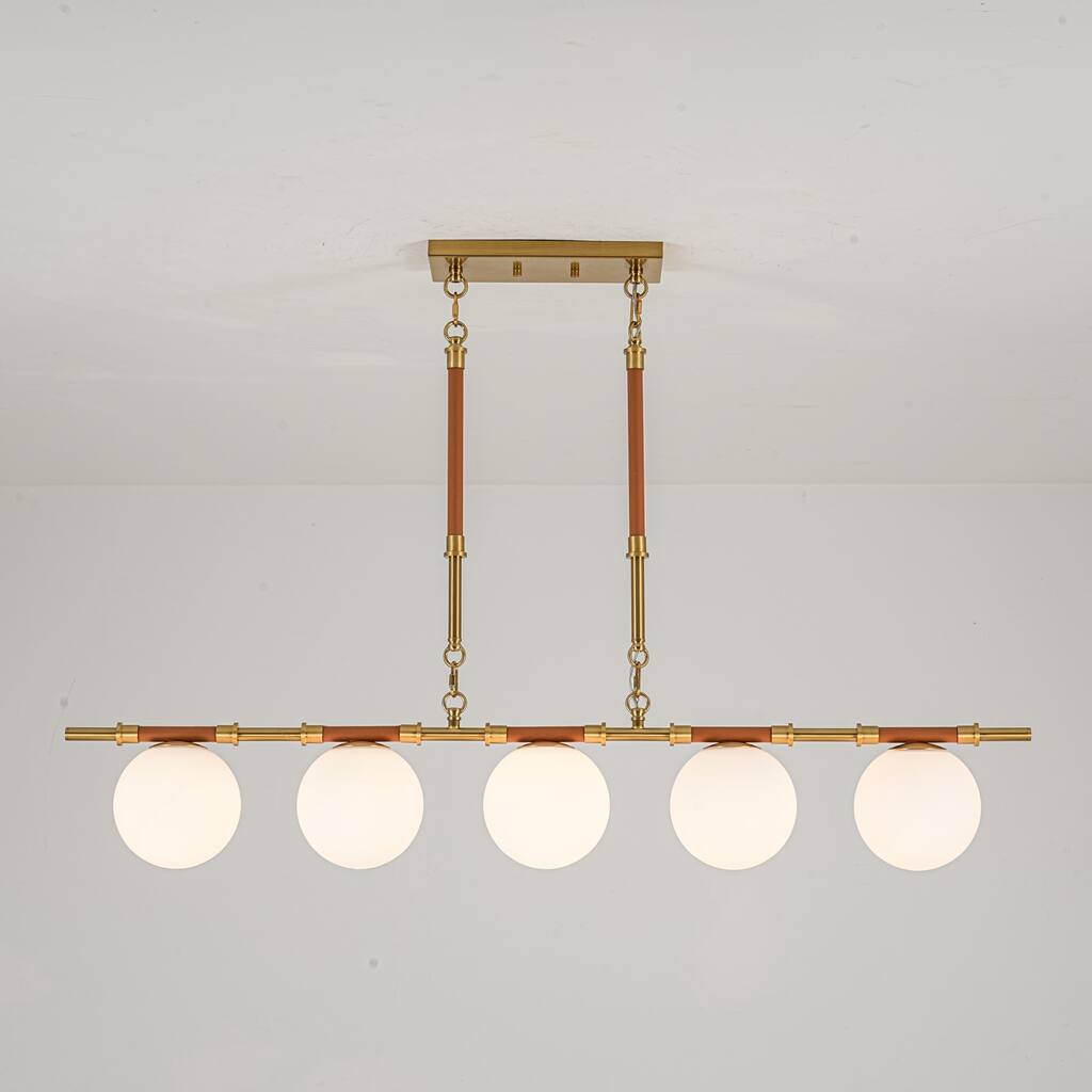 Modern French 5-Light Linear Chandelier in Brushed Brass with Textured Lychee Rods and Opal Globe Shades