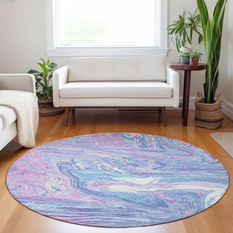 Machine Washable Indoor/ Outdoor Abstract Brushstroke Chantille Rug - Sky - 8' x 8'