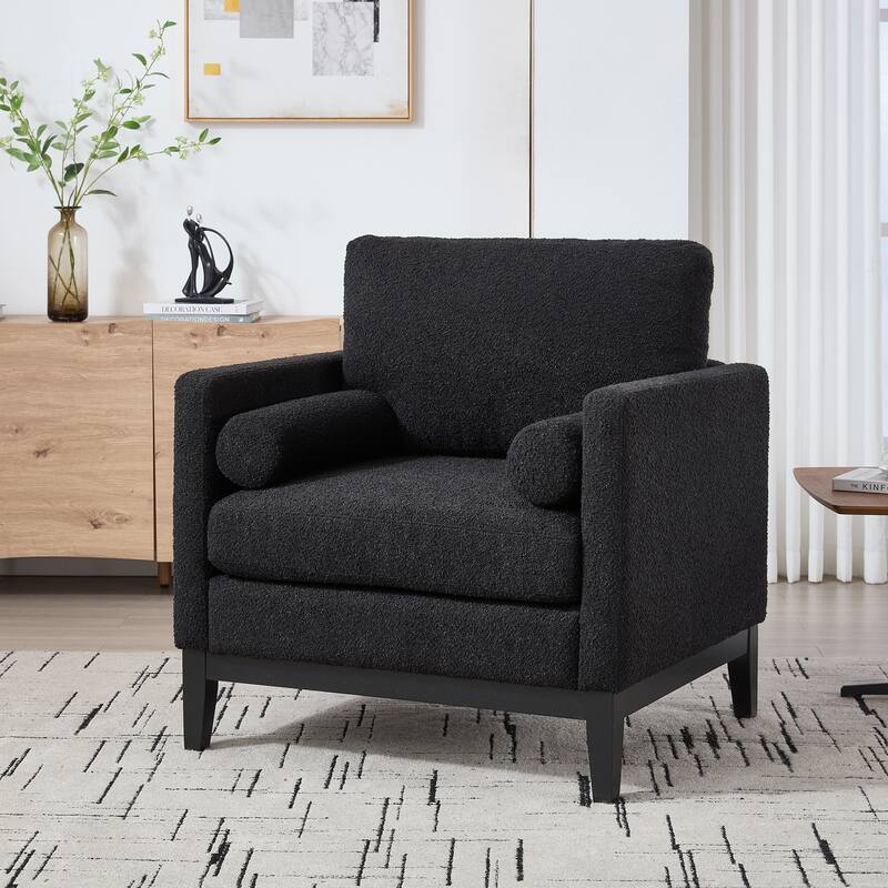 Modern Accent Chair with Wood Base, Boucle Upholstered Armchair with 2 Bolster Pillows, Single Sofa Chair for Living Room