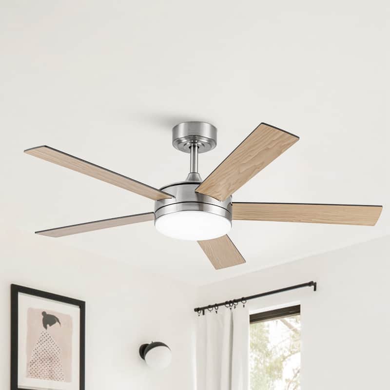 48" Modern Wood Reversible 5-blade Brushed Nickel LED Ceiling Fan with Remote