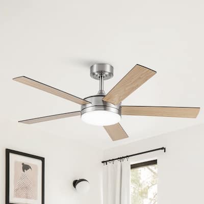 48" Modern Wood Reversible 5-blade Brushed Nickel LED Ceiling Fan with Remote