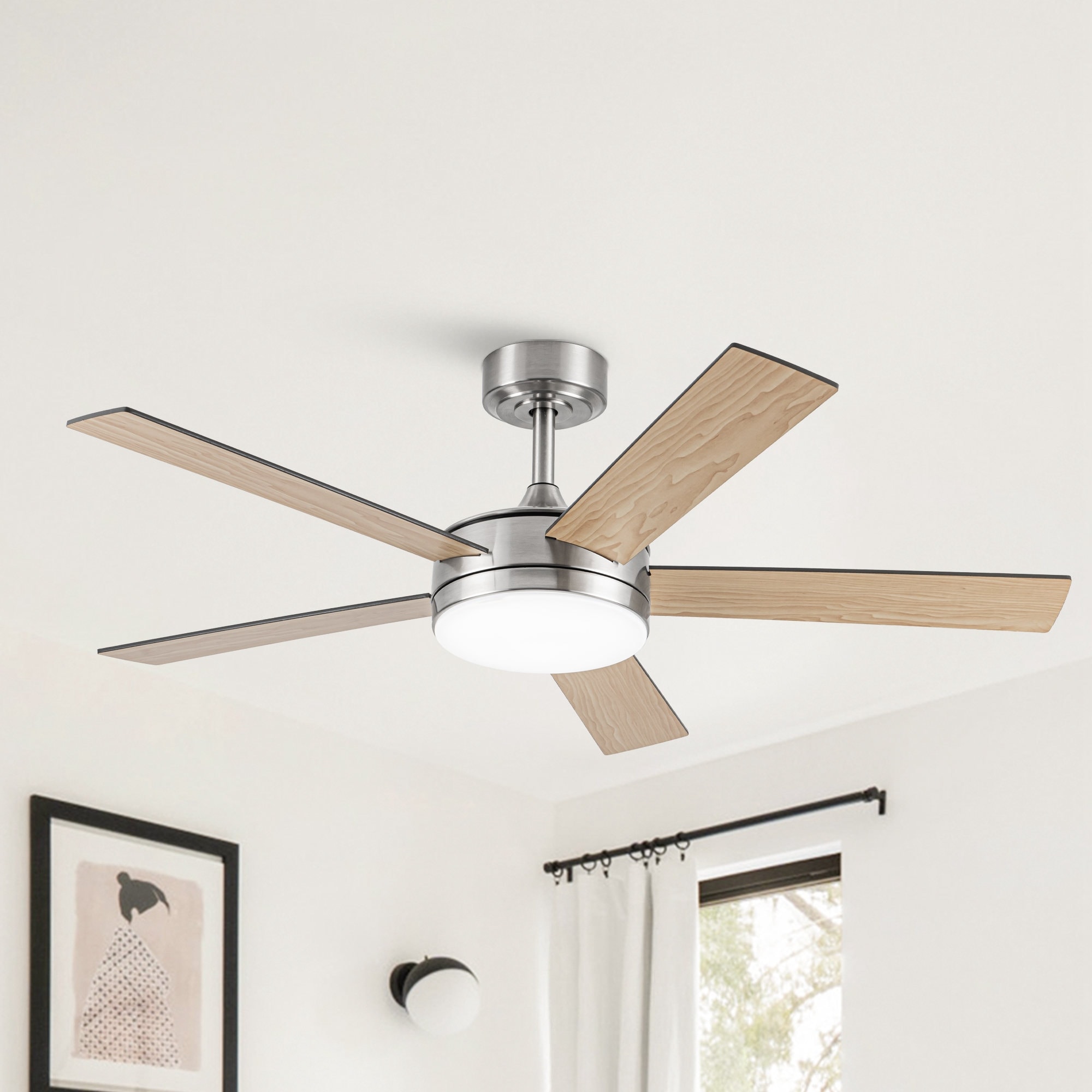 Vaczon 48" Modern Wood Reversible 5-blade Brushed Nickel Smart LED Ceiling Fan with APP