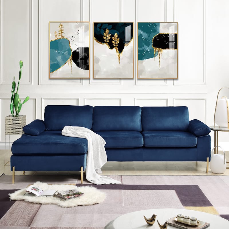 Blue Velvet Sectional Sofa with Chaise - Multi-Color