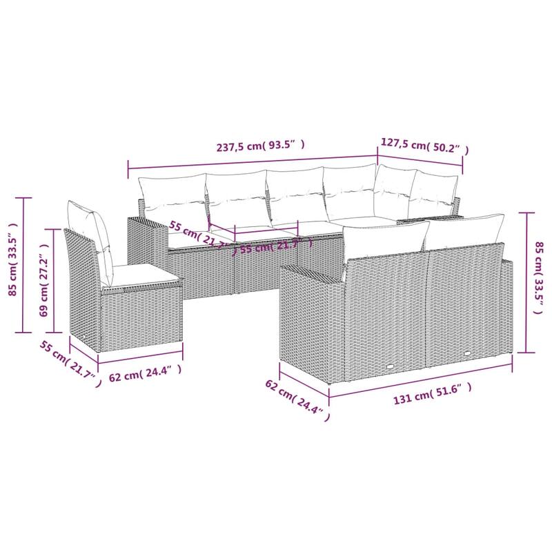 vidaXL Garden Sofa Set Grey, Dark Grey PE Rattan, Powder-Coated Steel - 24.4 x 25.8 x 27.2