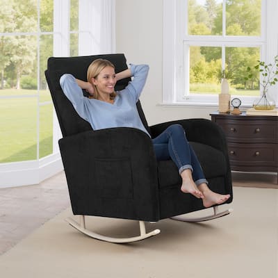 Chenille Nursery Armchair Rocking Chair Set of 1 with Metal Legs with Side Pocket for Living Room