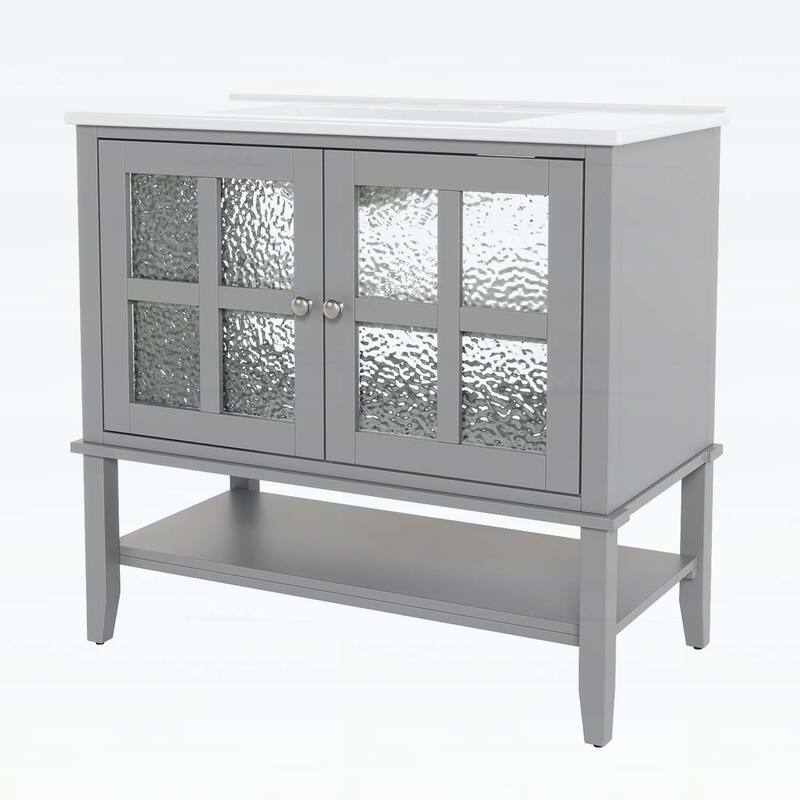 36 Inch Bathroom Vanity with Ceramic Sink,Adjustable and Open Shelves,Wood Legs