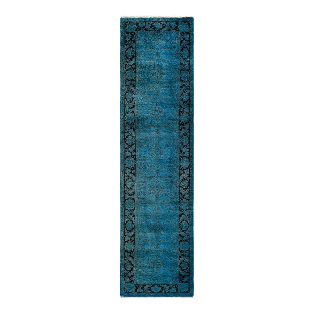 Overton Hand Knotted Wool Vintage Inspired Modern Contemporary Overdyed Blue Runner Rug - 2' 8" x 10' 4"