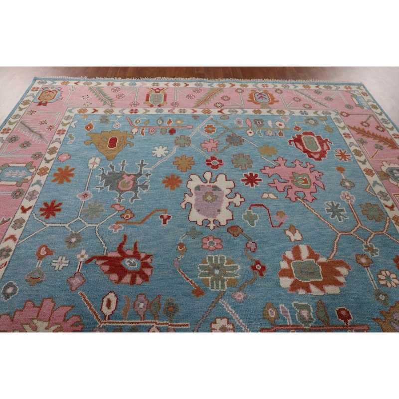 Light Blue & Pink Oushak Oriental Area Rug Handmade Wool Carpet - 8'11"x 11'10"