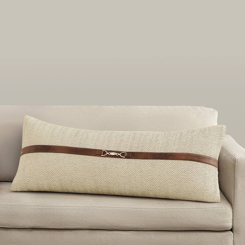 HiEnd Accents Chenille Herringbone Leather Strap Buckle Detailed 14x36 inch Accent Lumbar Pillow