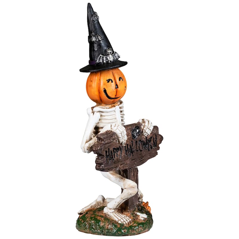 Jack-O-Lantern Skeleton in Witch's Hat and Happy Halloween Sign - 9.5"