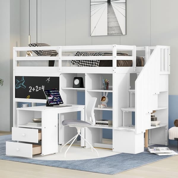 slide 2 of 6, White Twin Size Loft Bed with Pullable Desk and Storage Shelves, Staircase and Blackboard White