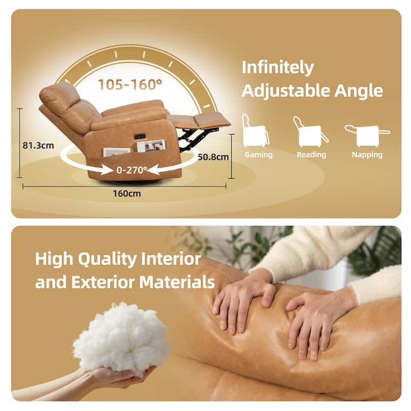 360° Swivel Recliner Chair Power Rocker Recliner Chair, PU Leather Overstuffed Reclining Chair wUSB & Type-C Ports