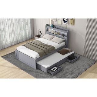 Gray Twin Platform Storage Bed wTrundle, Bookcase Headboard, Drawers