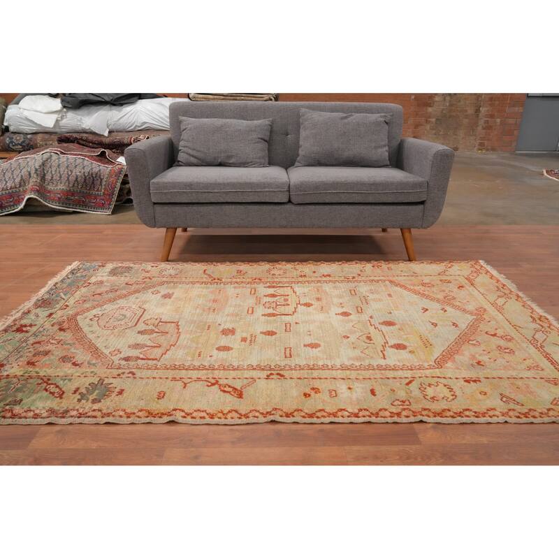 Hand Knotted Oriental 100% Wool Carpet Transitional Geometric Beige & Ivories Oushak Area Rug - 7' 1'' X 4' 4''