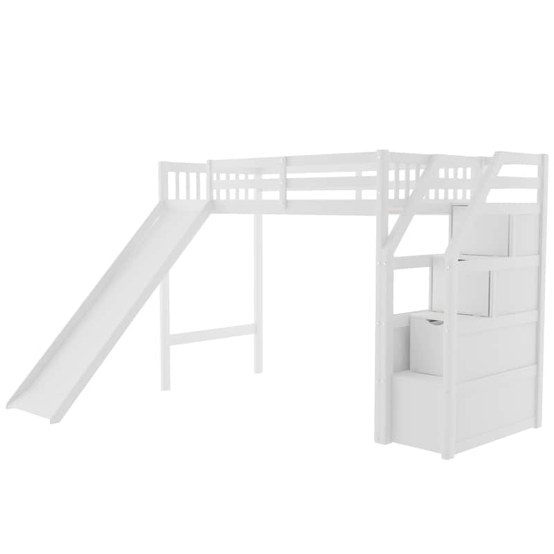 Twin Size Wood Loft Bed with Storage & Slide, High Guardrail Design