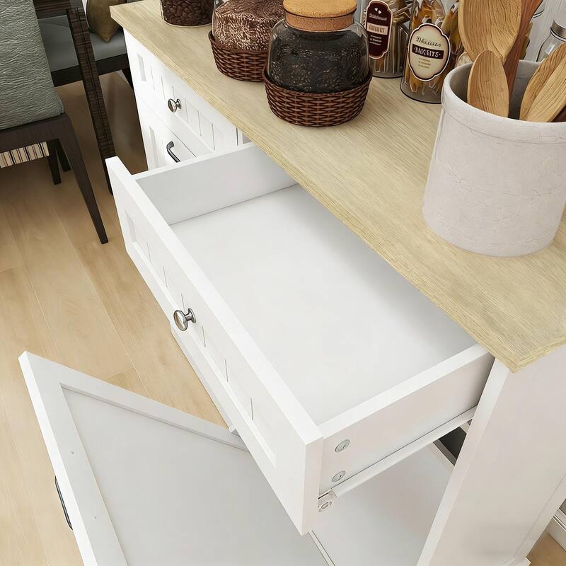 Anmytek White Farmhouse Kitchen Trash Cabinet with 2 Drawers and Tilt-Out 2-Compartment Storage
