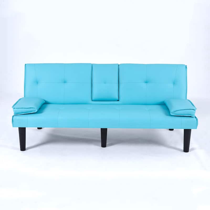 Convertible Loveseat Couch Adjustable Faux Leather Sleeper Sofa Bed with Coffee Table, Cup Holders and Removable Pillow Armrests