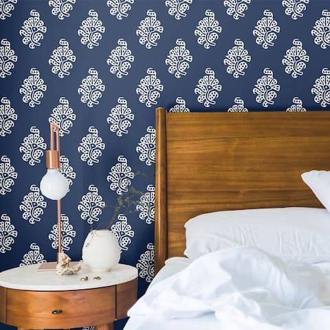 Flower Crest - Navy Blue & White Floral Removable Peel and Stick Canvas Texture Wallpaper