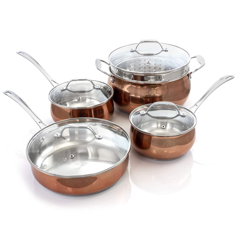 Stainless Steel Cookware 9 Piece Set in Silver and Bronze - Bronze