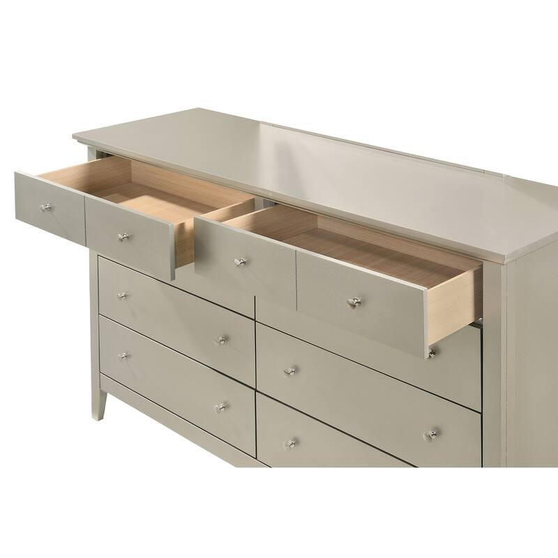 10-Drawer Silver Champagne Double Dresser with Luxurious Finish, Ample Storage, and Elegant Bedroom Styling