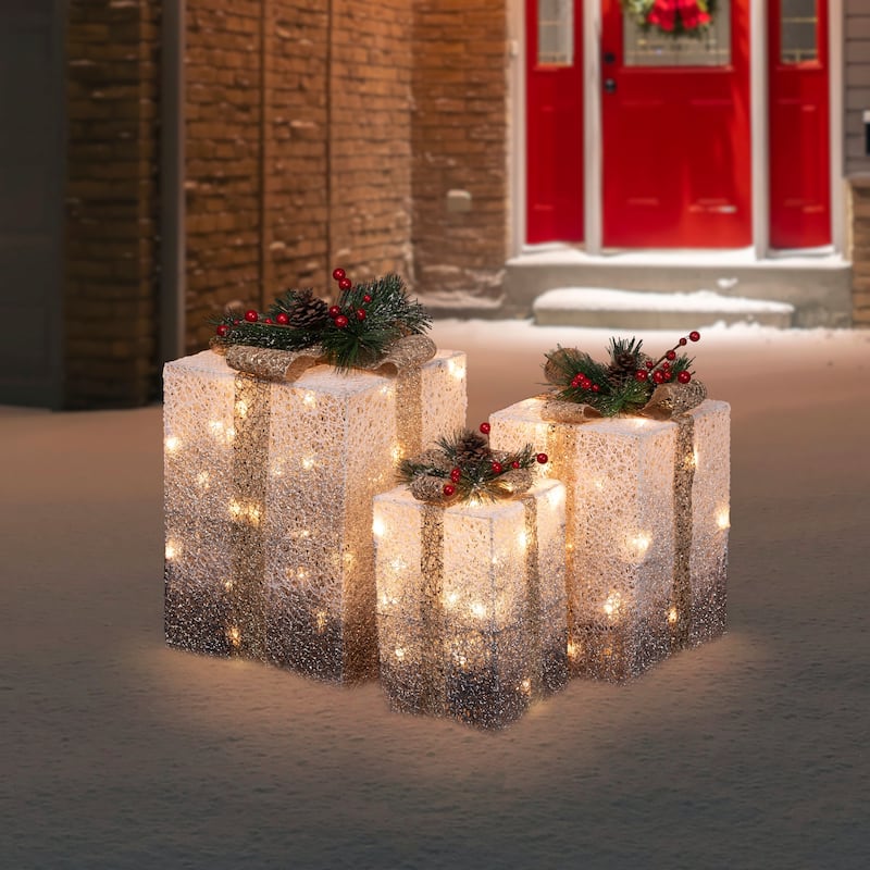 Set of 3 Silver Mesh Glittered Gift Boxes Outdoor Decorations - 14"