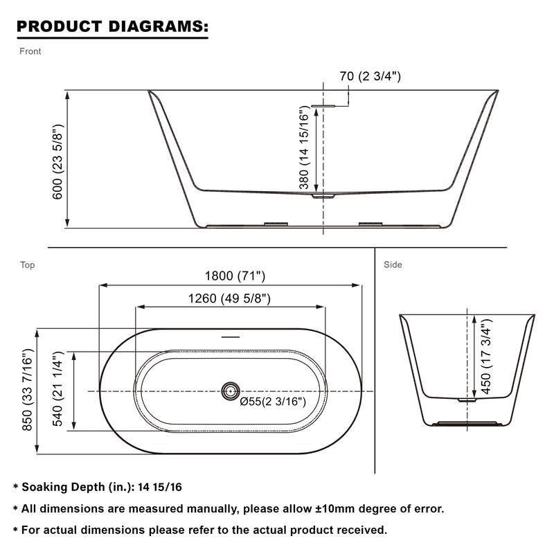 Glossy White Freestanding Soaking Bathtub, 100% Pure Virgin Acrylic with Drain And Overflow