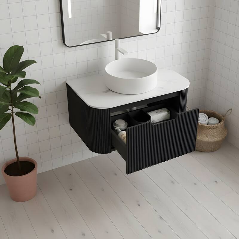 Wall Mounted Bathroom with White Round Ceramic Basin and Drawer