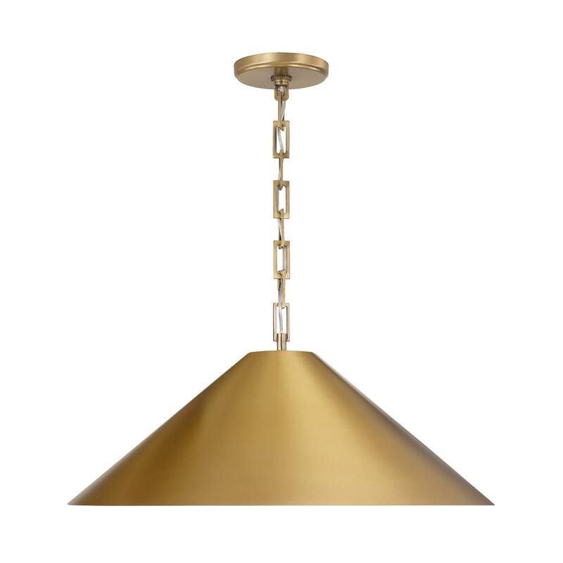 1-Light Metal Cone Pendant in Aged Brass with Painted Brass Interior and Rectangular Designer Chain - 22"W x 11.5"H