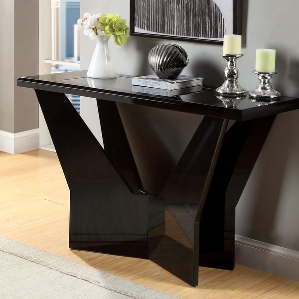 slide 2 of 8, Furniture of America Ameena Contemporary 47-in Glass Top Sofa Table Black