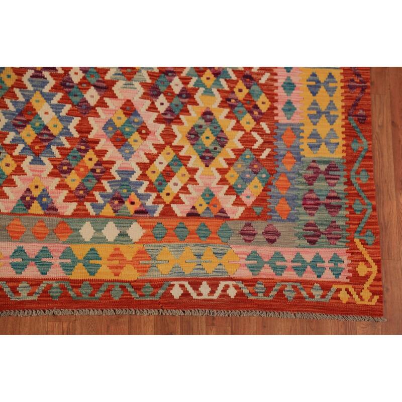 Tribal Orange Kilim Oriental Area Rug Hand-Woven Wool Carpet - 8'9"x 11'6"