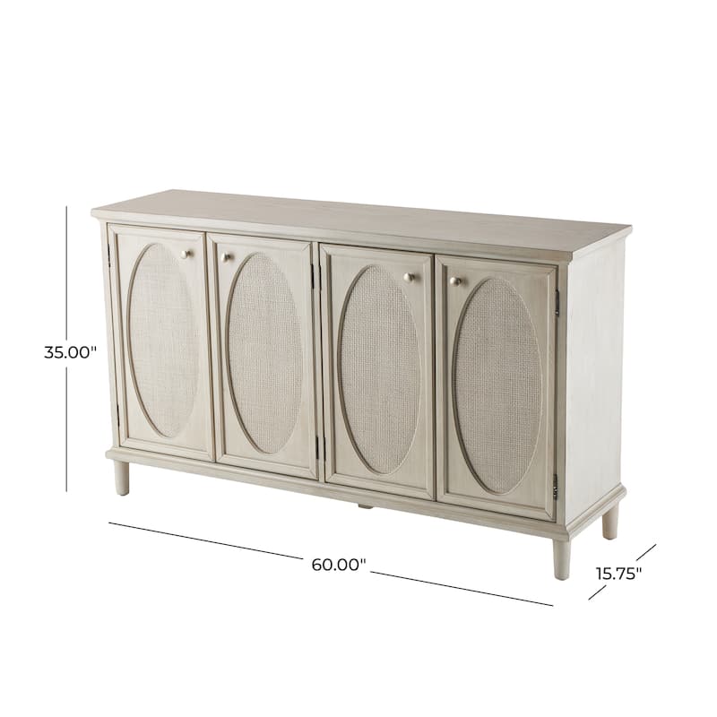 Wooden Geometric Washed Oval Rattan Front 4 Door Sideboard with Round Silver Knobs - Light Gray - Roche River Decor