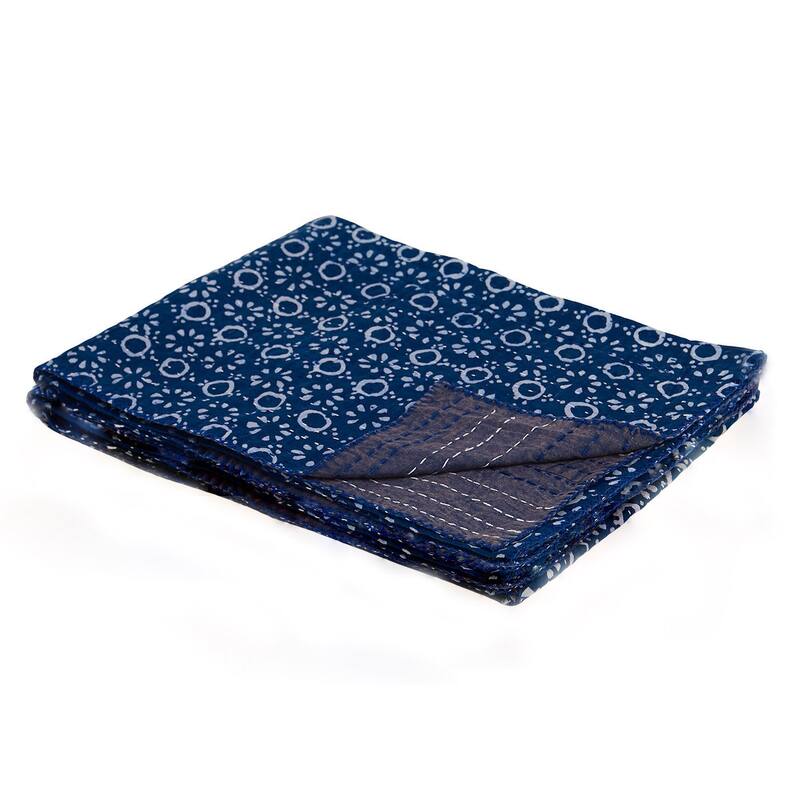 HomeRoots 50" X 70" Blue And Off White Geometric Cotton Quilted Kantha Throw Blanket with Embroidery